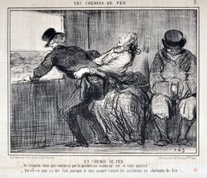 Charivari von 1858: Serie LES RAILWAYS. Durch die Eisenbahn - Also schau nicht so durch die Tür, ein Unglück kommt so schnell!... Was kümmert es mich, da ich gegen Unfälle auf der Eisenbahn versichert bin. MUSEE DES BEAUX ARTS - PALAIS LONGCHAMP, MARSEILLE