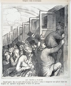 Serie „Die Vergnügungszüge“. „Wenn wir nach zehn erfolglosen Angriffen endlich einen Platz in einem Waggon erobern, erleben wir ein erstes und sehr lebhaftes Vergnügen“. von Honoré Daumier