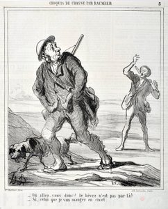 Werk von Honore Daumier (1864): Serie Sketch de Chasse „Wohin geht er? Der Hase ist nicht dort entlang! - Wenn der, den ich im Civet essen werde“ von Honoré Daumier