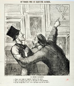Charivari von 1865: Serie Sketches Taken at the Salon. Ein skurriler Maler. Hier, sehen Sie, wie ich die Apotheose eines Märtyrers verstehe... Aber ich sehe nur die beiden Füße Ihrer Person. - Der Kopf ist bereits im Himmel. MUSEE DES BEAUX ARTS - PALAIS L von Honoré Daumier
