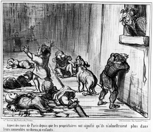 Aspekt der Straßen von Paris, seit die Eigentümer bedeuteten, dass sie weder Hunde noch Kinder in ihren Gebäuden zulassen würden, aus „Mieter und Eigentümer“, eine Serie von Karikaturen von Honore Daumier (1808-1879). „Charivari“ von Honoré Daumier