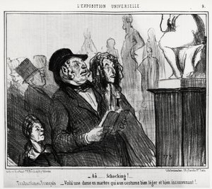 Auf der Weltausstellung: ao... schockierend! französische Übersetzung: hier ist eine Marmordame, die ein sehr leichtes und ungeeignetes Kostüm trägt. Illustration von Honoré Daumier (1808-1879), veröffentlicht in den Nachrichten, Charivari, datiert 1. Juni von Honoré Daumier