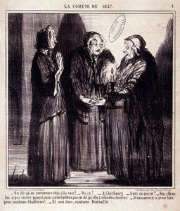 Karikatur über Wissenschaft. Serie über „den Kometen von 1857“: „Man sagt, wir fangen schon an, sie zu sehen!...“ Gravur von Honore Daumier (1808-1879). Auszug aus der Zeitung „Le Charivari“ vom 7. März