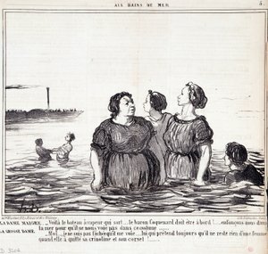 Karikatur über Erscheinungen und Mode. Serie „Les Bains de Mer“: „Die dünne Dame (...), die dicke Dame (...)“. Gravur von Honoré Daumier (1808-1879). Auszug aus der Zeitung „Le Charivari“ vom 16. September.