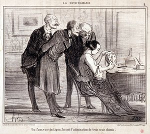 Karikatur über Kunstsammler. Serie „Potichomania“: „Eine falsche Vase aus Japan bewundert drei Chinesen.“ von Honoré Daumier