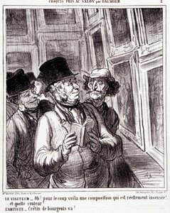 Karikatur über Kunstliebhaber. Serie „Skizze im Salon von Daumier“: „Besucher: Oh! für den Coup hier ist eine wirklich unsinnige Komposition (...). Künstler: Bürgerlicher Idiot, geh!“. Gravur von Honore Daumier. Auszug aus der Zeitung „Le Charivari“ von Honoré Daumier