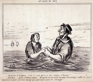Karikatur über Touristen im Urlaub. Serie „aux Bains de Mer“: „Monsieur le bathneur... ist es wahr, dass es Haie in Dieppe gibt?...“ Gravur von Honore Daumier (1808-1879). Auszug aus der Zeitung „Le Charivari“ am 8. Juni von Honoré Daumier