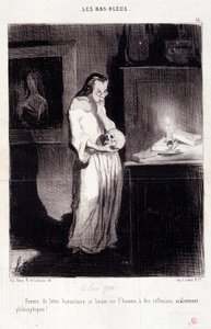 Karikatur über Schriftstellerinnen. Serie „Les Bas Bleus“: „Frau des humanitären Briefes, die sich auf den Mann der kranial-philosophischen Reflexionen einlässt!“. Gravur von Honoré Daumier (1808-1879). Auszug aus der Zeitung „Le Charivari“ vom 10. März. von Honoré Daumier