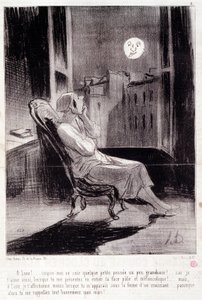 Karikatur über Schriftstellerinnen. Serie „Bas Bleus“: „O! Mond, inspiriere mich heute Nacht...“. Gravur von Honoré Daumier (1808-1879). Auszug aus der Zeitung „Le Charivari“ vom 28. Februar.