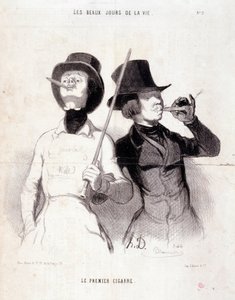 Karikatur über junge Dandys. Serie „Die schönen Tage des Lebens“: „Die erste Zigarre“ von Honoré Daumier
