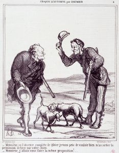 Karikatur über Jäger: Serie „Herbstskizze“: „Sir, angesichts des völligen Fehlens von Wild, bitte gewähren Sie mir die Erlaubnis, Ihren Hund zu erschießen...“ von Honoré Daumier