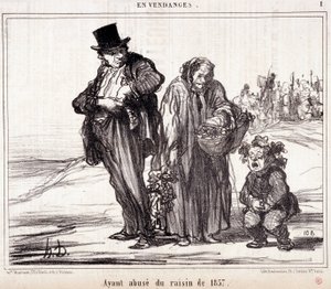 Karikatur über den Weinbau. Serie „Herbstskizze“: „Bei der Ernte. Missbrauch der Trauben von 1857“ Gravur von Honore Daumier (1808-1879). Auszug aus der Zeitung „Le Charivari“ vom 16. Oktober von Honoré Daumier