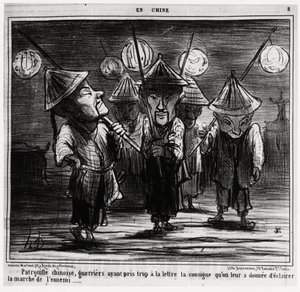 Chinesische Patrouille, Krieger, die die ihnen gegebenen Anweisungen zu wörtlich genommen haben, um den Marsch des Feindes zu beleuchten. In der Serie En Chine, Illustration von Honore Daumier (1808-1879), veröffentlicht in „Charivari“, datiert 25. Januar von Honoré Daumier