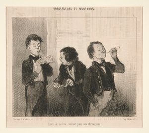 Schüler der sechsten Klasse, die Rhetoriker spielen wollen, aus Professeurs et Moutards von Honoré Daumier