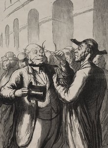 Weltausstellung: Die Inspektion der Fotografien an den Drehkreuzen. Die Kahlköpfigen müssen ihren Hut abnehmen und die Kurzsichtigen ihre Brille von Honoré Daumier