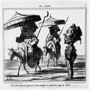 Diese lustigen Krieger denken nur daran, die Sonne zu bekämpfen. In der Serie En Chine, Illustration von Honore Daumier (1808-1879), veröffentlicht in „Charivari“, datiert 8. Januar von Honoré Daumier