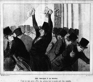 Panik an der Börse. Es war vergeblich, dass Aktien angeboten wurden, jeder nahm sie weg: aus „Actualites“, einer Serie von Karikaturen über die Börse von Honore Daumier. Charivari