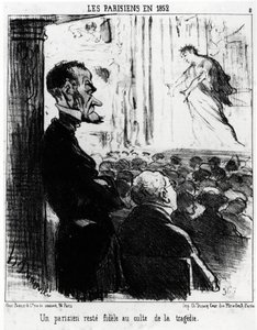 Pariser im Jahr 1852: ein Pariser bleibt dem Kult der Tragödien treu. Illustration von Honoré Daumier (1808-1879), veröffentlicht in Charivari, datiert 26. Januar 1852