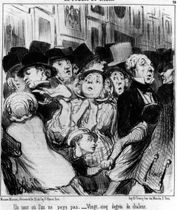 Das Publikum der Show. Ein Tag, an dem man nicht bezahlt. Fünfundzwanzig Grad Hitze, aus „Gemälde und Salons“, Karikaturenserie von Honore Daumier (1808-1879). „Charivari“ von Honoré Daumier