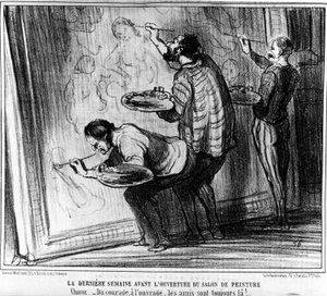 Die letzte Woche vor der Eröffnung des Salons de Peinture. Choughtness - Vom Mut zur Arbeit, Freunde sind immer da!... , aus Gemälde und Salons, Karikaturenserie von Honoré Daumier (1808-1879). Charivari von Honoré Daumier