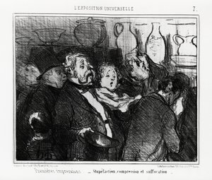 Weltausstellung: erste Eindrücke: Verblüffung, Kompression und Erstickung. Illustration von Honore Daumier (1808-1879), veröffentlicht in den Nachrichten, „Charivari“, datiert 24. Mai 1855 von Honoré Daumier