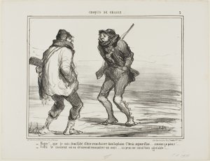 „- Brrrr! Ich bin wütend, dass ich hierher gekommen bin, um auf der St. Denis-Ebene zu jagen. Es ist einfach zu kalt!... - Einer dieser Tage, an denen man gerne einen Bären fangen würde. Sein Fell wäre jetzt mehr als willkommen!“, Platte 3 aus Croquis De C von Honoré Victorin Daumier