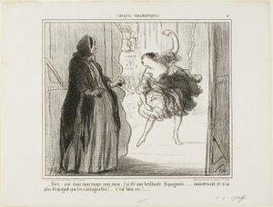 „- Schwer vorstellbar, dass ich in meinen Tagen auch eine gefeierte spanische Tänzerin war... heutzutage sind nur noch meine Kastagnetten spanisch... was für ein Ärger...,“ Platte 11 aus Croquis Dramatiques