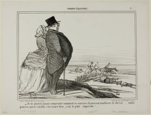 „- Ich werde nie verstehen, wie diese Übungen den Zustand eines Pferdes verbessern sollen... das Einzige, was wirklich zählt, ist, dass sich der Reiter gut fühlt,“ Tafel 1 aus Croquis Équestres von Honoré Victorin Daumier