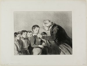 „- Herr Alfred Cabassol! Sie sind der Einzige in der Klasse, der es geschafft hat, die ganze Woche zu überstehen, ohne sich in den Ärmel zu schnäuzen. Bitte stehen Sie auf, um diesen Ehrenpreis für Sauberkeit zu erhalten,“ Tafel 6 aus Professeurs Et Moutar
