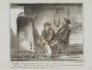 „- Und jetzt? Jagen wir weiter im Regen? - Keineswegs! Die Tiere haben genauso Angst vor dem Regen wie wir. Sie könnten diesen Unterschlupf nicht finden, und wir würden zu viele von ihnen verlieren!“, Platte 5 aus Croquis De Chasse