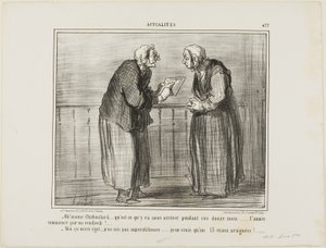 „- Oh, Madame Chaboulard, ich frage mich, was in den nächsten zwölf Monaten passieren wird... das neue Jahr beginnt an einem Freitag! ... - Das ist mir egal, ich bin nicht abergläubisch... ich glaube nur an die Zahl 13 und an Spinnen!“, Tafel 477 aus Actua