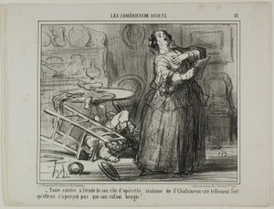 - Von ihrer Operettenrolle eingenommen, schreit Madame de St. Chalumeau so laut, dass sie das Gebrüll ihres Kindes nicht bemerkt, Platte 13 aus Les Comédiens De Société