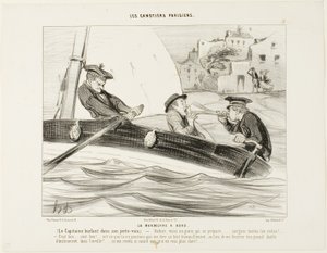 Ein Boot-Manöver. Der Kapitän schreit in sein Sprachrohr: "- Gabier! Es zieht ein Sturm auf, mach dich bereit!..... Alle Segel einholen!... Das ist gut:.... sehr gut! - Warum hast du mir das nicht ruhig gesagt, anstatt mir dieses riesige Instrument ins Ohr von Honoré Victorin Daumier