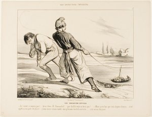 Eine schwierige Navigation. "- Das Boot bewegt sich nicht! Zieh Dumouchel, zieh.... warum zum Teufel ziehst du nicht! - Aber ich mache seit drei Stunden nichts anderes!.... und das nennt man einen Vergnügungsausflug! Ich würde lieber meine Pflaumen in der  von Honoré Victorin Daumier