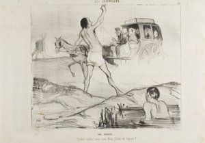 Ein praktischer Scherz. "Fahrer! Fahrer! Haben Sie noch zwei Plätze im Kaninchenbereich?", Platte 24 aus Les Baigneurs von Honoré Victorin Daumier