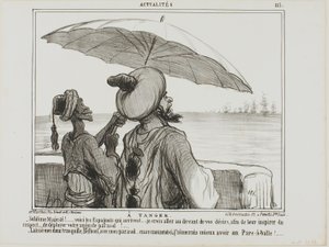 In Tanger. „- Erhabene Majestät... die Spanier kommen... um sie zu erschrecken, habe ich mir die Freiheit genommen, Ihren Regenschirm vollständig zu öffnen als Zeichen Ihrer Größe! - Lass mich in Ruhe mit meinem Regenschirm, Belboul... ich hätte lieber ein