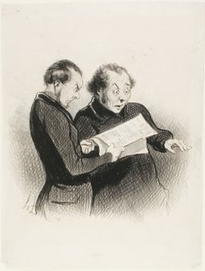 Das illustrierte Rebus. „- Seltsam! Ich kann das Rebus im heutigen Charivari nicht erraten! - Ich glaube, ich habe ein Wort - Ich habe mehrere Wörter - Ich habe alles! Ich muss es meiner Frau erzählen,“ Tafel 39 aus Les Beaux Jours De La Vie von Honoré Victorin Daumier