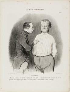 Der Hemdenmacher. „Sir, ich habe hier für Sie das Beste geschneidert, das derzeit erhältlich ist..... mit einem Hemd meiner Herstellung kann man sich in jedem Salon präsentieren und wird immer der bestgekleidete Mann der Gesellschaft sein,“ Platte 67 aus L von Honoré Victorin Daumier