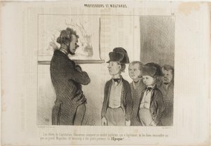 Die Schüler des Instituts Pascareau probieren ihre neue Schuluniform, die sie ein wenig wie den großen Napoleon und sehr wie kleine Zeitungsjungen aussehen lässt, Platte 25 aus Professeurs Et Moutards von Honoré Victorin Daumier