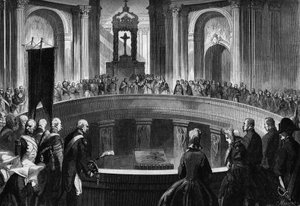 Jahrestag des Todes von Napoleon I., 5. Mai 1863: Gedenkmesse in den Invalides, Paris, im Beisein ehemaliger Soldaten der napoleonischen Armee. Gravur in „Le Monde Illustré“ Nr. 318 vom 16. Mai 1863.
