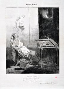 Werk von Honore Daumier (1808-1879) Charivari stammt aus dem Jahr 1842: Serie HISTORIE ANCIE Les Nuits de Penelope - Von ihrem abwesenden Ehemann das liebenswerte Profil, Für immer in ihren sanften Augen leuchtete wie ein Stern Aber um drei Jahre zu weben  von Honoré Daumier