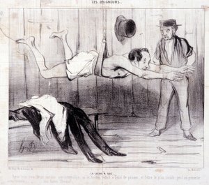 Karikatur über Touristen im Urlaub. Serie „Les Baigneurs“: „Die Lektion eines Trockenen“. Gravur von Honoré Daumier (1808-1879). Auszug aus der Zeitung „Le Charivari“.