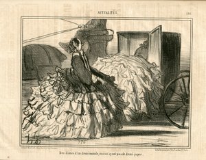 Le Charivari, Satirique en N & B, ca. 1855: Nachrichten Nr. 190. Damen einer Halbwelt, aber keine Röcke. - Mode, Transport, Krinolinen - Frauen Illustration von Honore Daumier (1808-1879)