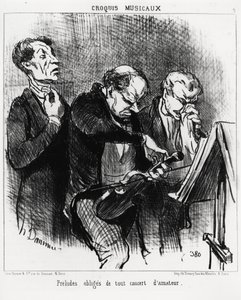 Musikalische Skizzen: obligatorische Präludien jedes Amateurkonzerts. Drei Musiker bemühen sich, ihre Stimmen zu erhellen, eine Geige zu stimmen und ihre Nase mit Pomp zu putzen. Illustration von Honore Daumier (1808-1879), veröffentlicht in „Charivari“, d von Honoré Daumier