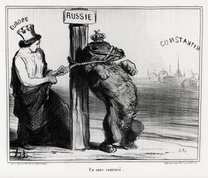 Russland: ein verärgerter Bär (von Europa). Im März 1854 bildeten Frankreich und England eine Allianz mit der Türkei gegen Russland. Illustration von Honore Daumier (1808-1879), veröffentlicht in den Nachrichten, „Charivari“