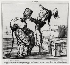 Zweiter Opiumkrieg (1856-1860): Im Jahr 1858 stimmte die chinesische Regierung zu, den Handel mit Opium zu legalisieren. „Die Gelegenheit nutzen, um die Chinesen zu verpflichten, zweihundert Millionen Opium zu bezahlen“, in der Serie En Chine, Illustration