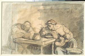 Suppe Ein Paar Arbeiter isst Suppe, die Mutter stillt das Baby. von Honoré Daumier
