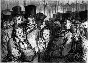 Boulevard du Temple um Mitternacht. Links, Menschen, die aus dem Drama kommen. Rechts, Menschen, die die Funambules verlassen. Karikatur von Honore Daumier (1808-1879). Gravur in „Le Monde Illustré“ Nr. 254 vom 22. Februar von Honoré Daumier