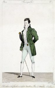 Erstaunliches Paris. Mann hat die Haare von Karl XII., trägt wassergrüne Hosen und gestrickte Strümpfe. Illustration der Herrenmode um 1810 von Horace Vernet (1789 - 1863) von Emile Jean Horace Vernet