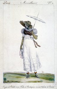 Modegravur von Horace Vernet (1789 - 1863), um 1810 für „A Wonderful“ gefertigt, eine Frau darstellend, die einen ecrufarbenen Baldachin, eine blutige, karierte Stickerei und einen Regenschirm trägt von Emile Jean Horace Vernet